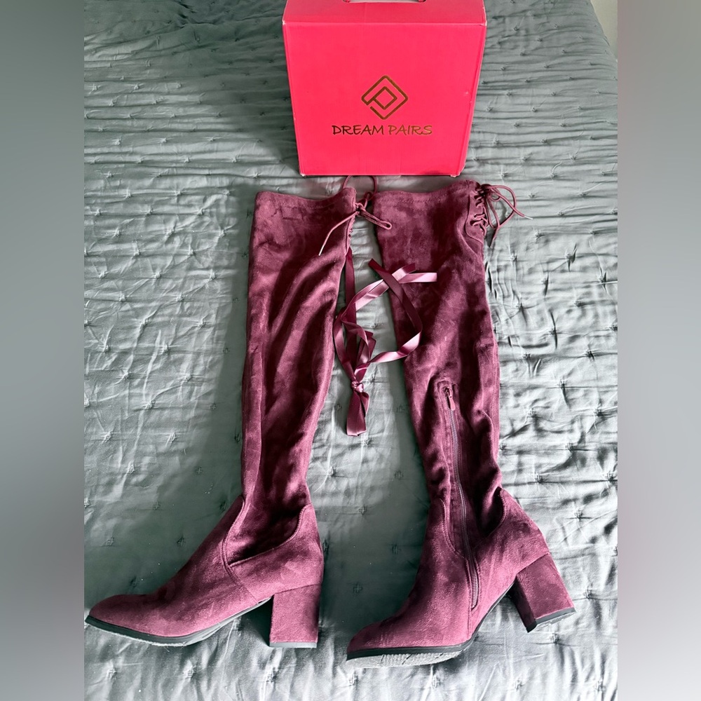 Dream Pairs Over-the-Knee Lace-Up Block Heel Boots - Wine